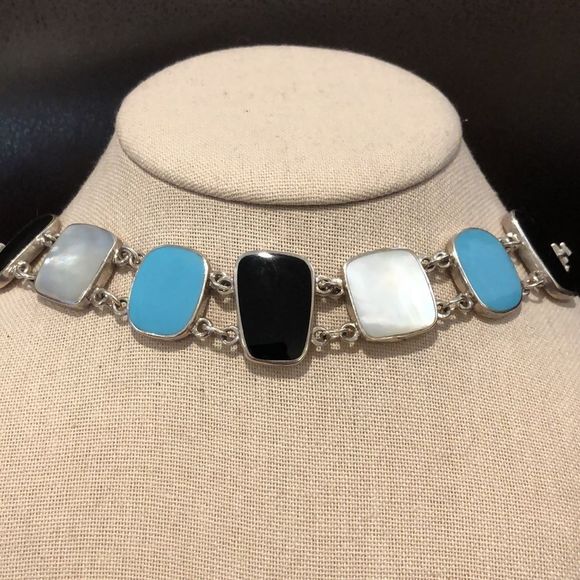 Sterling Silver Mother of Pearl Black & Turquoise Cabochon Linked Bracelet - Picture 1 of 10